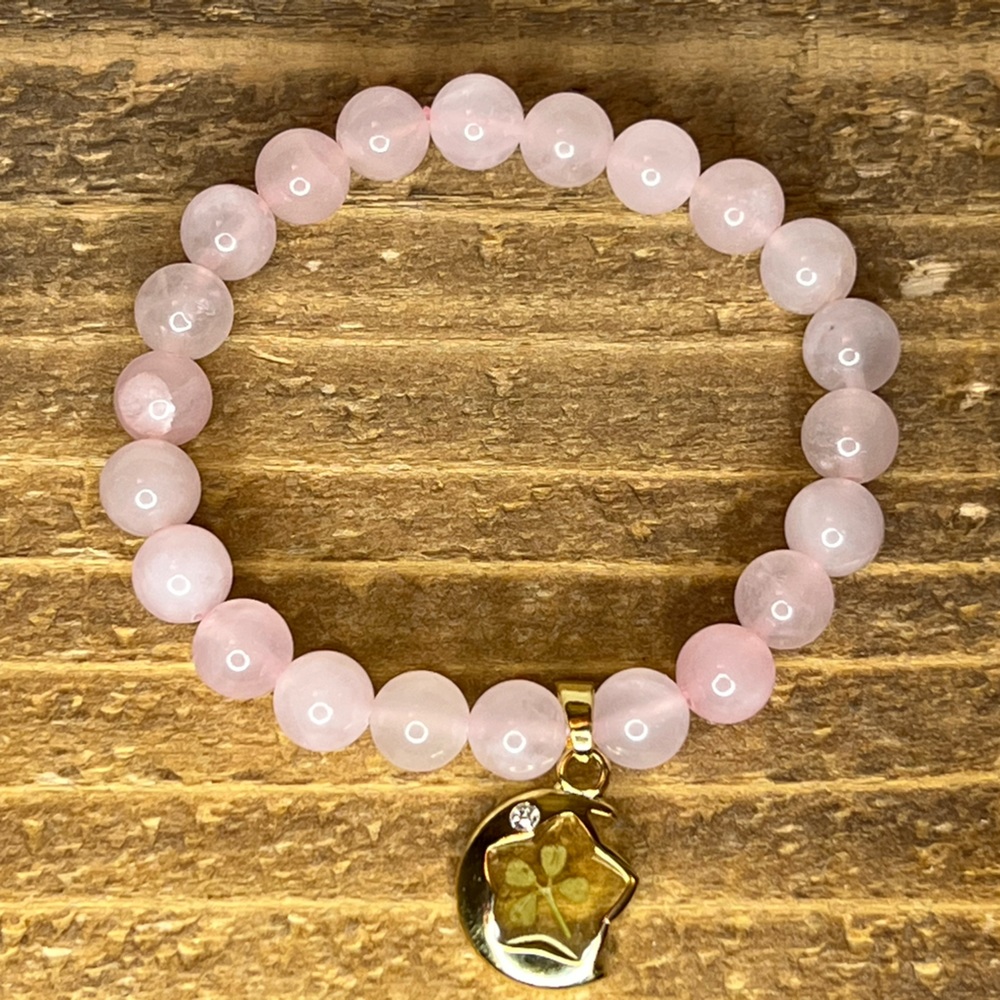 4 four leaf clover gold bracelet rose quartz beads